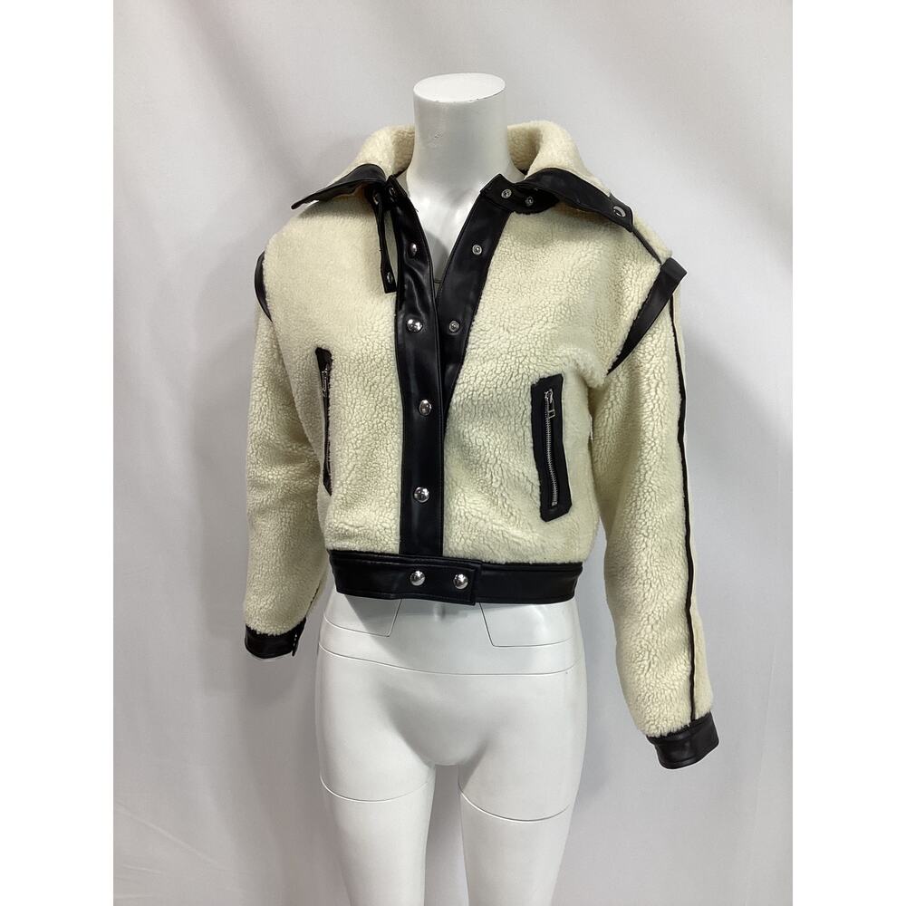 Veronica Beard Cream and Black Contrast Shearling Bomber - Picture 2 of 4